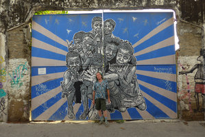 Patrick Blanc and street art fresco, Cartagena, Colombia, Nov.. 2016