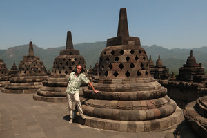 Patrick Blanc and the bell shaped stupas, Borobudur temple, Java, May 2018