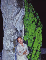 Patrick Blanc and the bright green iridescent Hepatic, Cyathodium foetidissimum at Batu Cave entrance, Selangor, Malaysia, 2003