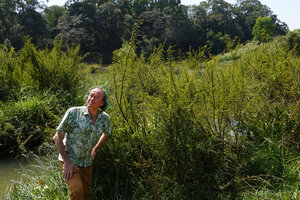 Patrick Blanc and the erect rheophytic Phyllanthus lawii on the banks of the Kabini river, Kerala, India, Jan. 2023