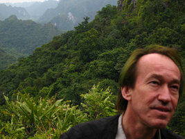 Patrick Blanc and the karst forest towers, Halong Bay, Vietnam, Jan. 2007