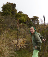 Patrick Blanc and the monocarpic Puya goudotiana, almost dead after flowering and fruiting, Chingaza paramo, Bogota, Colombia, Oct. 2016