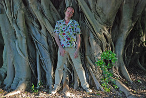 Patrick Blanc and the root trunk of the strangling Ficus craterostoma, Kirstenbosch, South Africa, Dec 2008