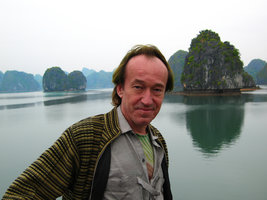 Patrick Blanc and vertically forested karst towers, Halong Bay, Vietnam, Jan. 2007