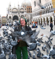 Patrick Blanc assailed by the pigeons, Place Saint Marc, Venice, Italy, Nov 2007
