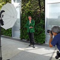 Patrick Blanc at a photo session in front of his Vertical Garden at the new Shinkansen station walkway, Yamaguchi, Japan, Oct. 2015