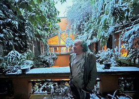 Patrick Blanc at home in front of his patio vertical gardens under snow, January 2026