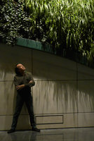 Patrick Blanc at night underf his Vertical Garden, Icon hotel, Hong Kong, Jan 2016