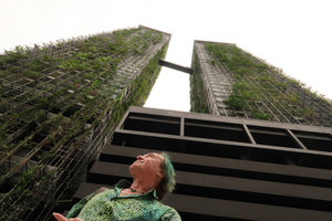 Patrick Blanc at the base of Le Nouvel towers, Kuala Lumpur, Aug. 2018