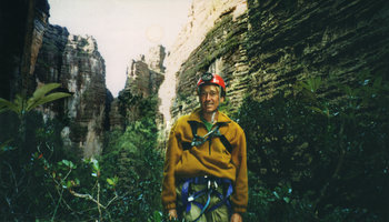 Patrick Blanc at the bottom of the chasm, Kukenan Tepui, Venezuela, March 1999