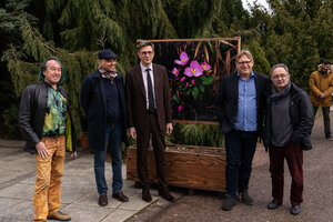 Patrick Blanc at the inauguration of his exhibition Les Intrigantes de l&#039;Ombre in the Botanical Garden, Nancy, with Hocine Chabira, Mathieu Klein, Frederic Pautz, Eric Didym around Sonerila nemakadensis, 13th April 2023 