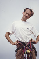 Patrick Blanc at the top of the canopy raft, Radeau des Cimes, Campo, Cameroon, Sept. 1991