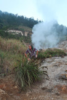 Patrick Blanc behind a clump of Gahnia javanica growing around solfatars, Dieng, Wonosobo, Java, May 2018