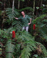 Patrick Blanc between two inflorescences of Tapeinochilos ananassae, Manusela NP, 1000 m asl, Seram, Moluccas, April 2024