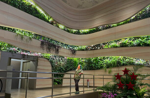 Patrick Blanc checking the growth of the plants in the Immigration area, Terminal 2, Changi airport, Singapore, Sept. 2023