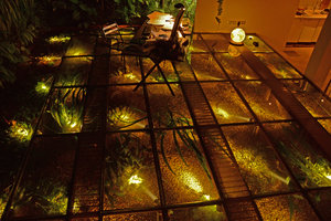 Patrick Blanc desk above the water at night with underwater lightiing.
