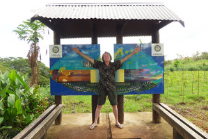Patrick Blanc embracing both Today and Yesterday on each side of the 180° meridian, the International Date Line , Taveuni, Fiji, Aug. 2016