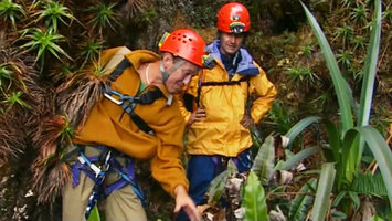 Patrick Blanc explaining to Nicolas Hulot the growth habits of Stegolepis guianensis and the hanging Everardia montana, Kukenan Tepui, Venezuela, March 1999