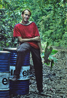 Patrick Blanc holding the type specimen of Cercestis blancii that he just collected during the Canopy Raft scientific expedition, Ebodjé, Cameroon, 10th Dec. 1991, photo by Pascal Héni