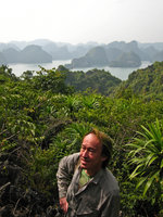 Patrick Blanc in a vast population of Dracaena cambodiana at the top of a karst tower, Halong Bay, Vietnam, Jan. 2007
