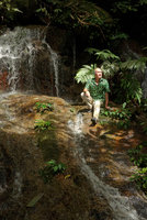 Patrick Blanc in a waterfall with granitic rocks partly covered by the rheophytic Piptospatha perakensis, Fraser&#039;s Hill, Malaysia, Dec. 2016