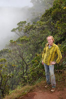Patrick Blanc in cloud mossy forest dominated by Metrosideros trees, Koke&#039;e, Hawaii,Dec. 2007