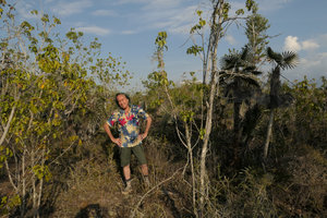 Patrick Blanc in Coccothrinax garciae habitat on serpentine rocks, Holguin, Cuba, Feb.2017