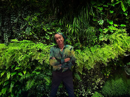 Patrick Blanc in front of his vertical garden behind the bar of CNAC Aoyama, Tokyo, Oct. 2023