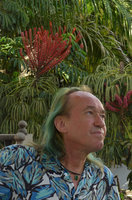 Patrick Blanc in front of the introduced Schefflera actinophylla, Cartagena, Colombia, Nov.. 2016