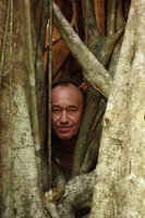 Patrick Blanc inside the hollow dead host trunk of a Ficus altissima, Tangkoko, Sulawesi, Aug. 2015