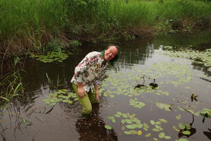 Patrick Blanc in the Brasenia shreberi and Nuphar japonica habitat,Tokachi, Hokkaido, Japan, July 2015