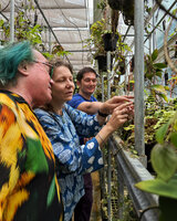 Patrick Blanc, Jana Skornickova and Michele Rodda observing Hoyas and Gingers in the research glasshouses, Botanic Gardens, Singapore, April 2025
