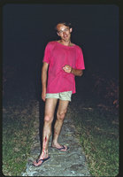 Patrick Blanc just after feeding the greedy forest leeches, Poring, Mount Kinabalu, Borneo, July 1984