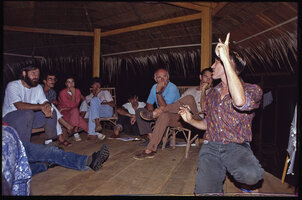 Patrick Blanc lecturing about his conception of growth habits of mature tree crowns in the canopy at the Canopy Raft field station, Ebodje where he discovered Cercestis blancii, Campo, Cameroon, Nov.1991