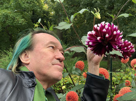 Patrick Blanc looking at a Dahlia from the national collection, Parc Floral, Paris, Oct. 2019