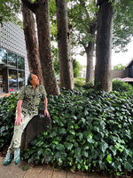 Patrick Blanc looking at the ornamented bark of Zelkova serrata trunks, Tokyo, Oct. 2025