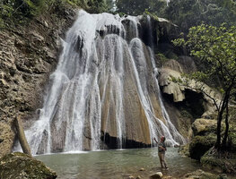 Patrick Blanc looking at the plants growing on the mushroom shaped limestone of the waterfall, especially the rheophytic clumps of Homalomena stollei at the top, War Inkabom Waterfall, Batanta, West Papua, May 2025