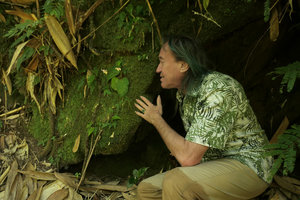 Patrick Blanc observing a Begonia flowering on a vertical mossy rock, Putao, Kachin, Myanmar, Dec. 2017