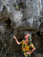 Patrick Blanc observing Begonia elnidoensis on a vertical karst cliff facing the sea, Lagen, El Nido, Palawan, April 2026