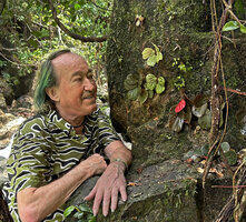 Patrick Blanc observing different color leaf forms of Begonia blancii side by side on the same vertical rock face, Bulalacao Falls, El Nido, Palawan, Philippines, April 2026