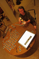 Patrick Blanc observing his slides before numeric scans, Home, Feb 2015