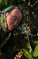 Patrick Blanc observing the blue iridescent fruits of Pollia japonica, Yoyogi Koen, Tokyo, Dec. 2024