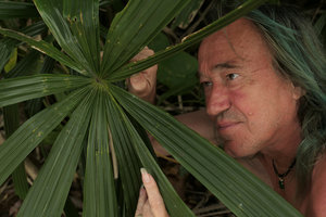 Patrick Blanc observing the leaflet insertion of Licuala spinosa, Macleod Is.,Tanintharyi, Myanmar, Jan. 2018