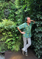 Patrick Blanc observing the silver striped leaves of Asarum splendens, SPG Amandolier, Geneve, Switzerland, Sept. 2019