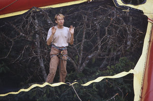 Patrick Blanc on the Radeau des Cimes, Canopy Raft, standing on the almost transparent black net, Campo, Cameroun, 1991