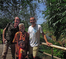 Patrick Blanc, Pascal Heni and the Old Thai Man taking care of Crinum thaianum growing in clear water in his farm land, Kuraburi, Thailand, Oct 2014