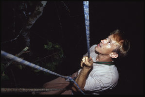 Patrick Blanc reaching the Radeau des Cimes, Canopy Raft, 35 meters above the ground, Campo, Cameroon, 1991