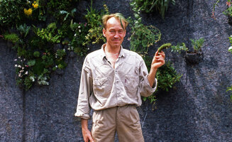 Patrick Blanc ready to install a plant on his Vertical Garden, Chaumont-sur-Loire, June 1994