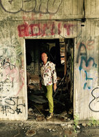 Patrick Blanc ready to install plants on an abandoned factory wall, Detroit, USA, June 2015
