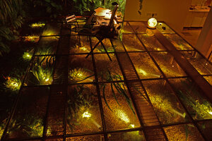 Patrick Blanc&#039;s desk above the water at night with underwater lightiing, the main inspiration for the new Dreamscape garden at Changi T 2